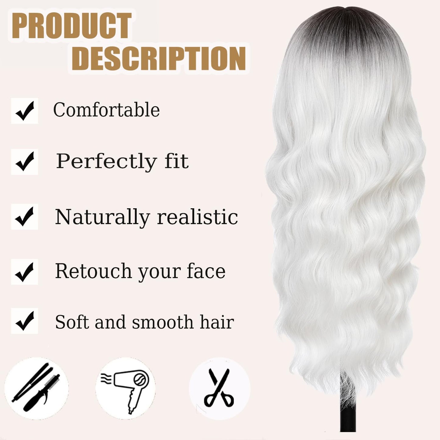 punhurt White Wig with Bangs 26 Inches Long Wavy Curly Wig for Women Synthetic Wigs Ombre White Wig with Bangs Long Wavy Wig Hair Dark Root Synthetic Wigs Heat Resistant Fiber White wigs for women