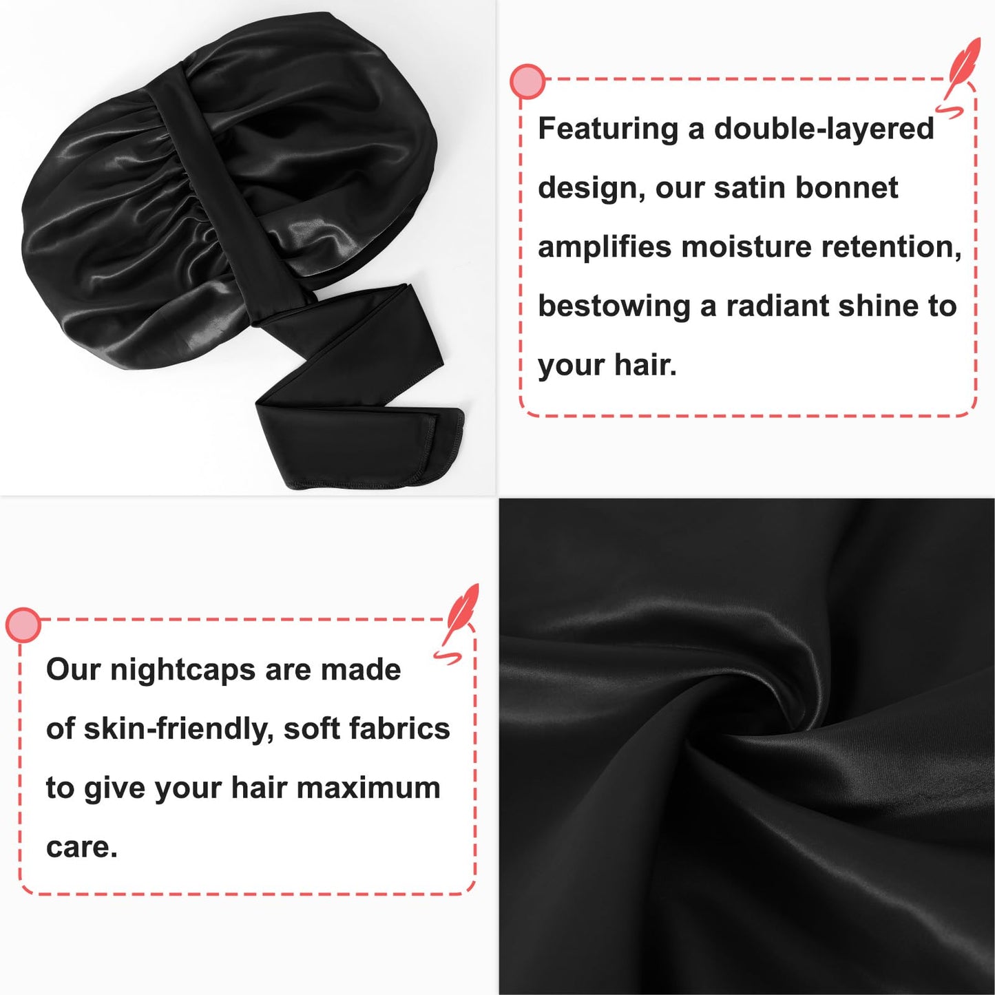 Large Satin Bonnet Silk Bonnet Hair Bonnet for Sleeping, Double Layer Satin Hair Bonnet for Sleeping with Tie Band Shower Cap