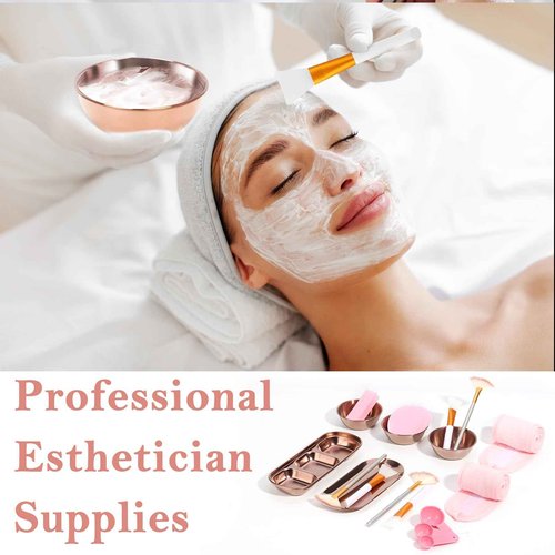 28 Rose Gold Facial Supplies 3 Facial Mask Mixing Bowls 3 Facial Fan Brushes 3 Mask Applicator Brushes 3 Mask Measuring Spoons Skincare Tray 3-Compartment Tray 12 Facial Sponges 2 Spa Headbands