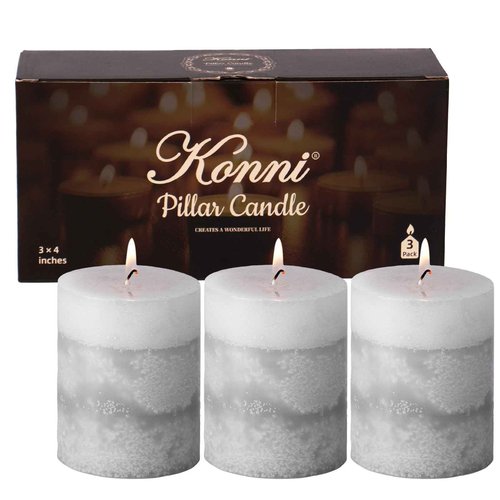 KONNI Gray Layered Pillar Candles Set of 3, 3"x 4" Unscented Pillar Candles Bulk, 39 Hours Long Burning Candles, Smokeless & Dripless Round Candle for Wedding, Home Decoration, Party, Spa, Dinner