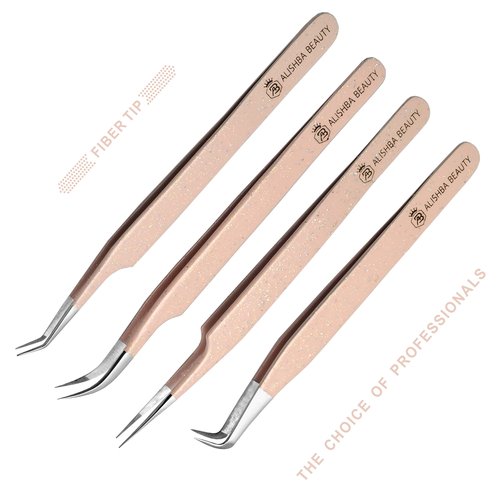 LUMESS Alishba Beauty Eyelash Extension Tweezers, Precision Fiber Tip Grip Japanese Stainless Steel (Set of 4 Eyelash Tweezer) (GLITTER PEACH PINK)