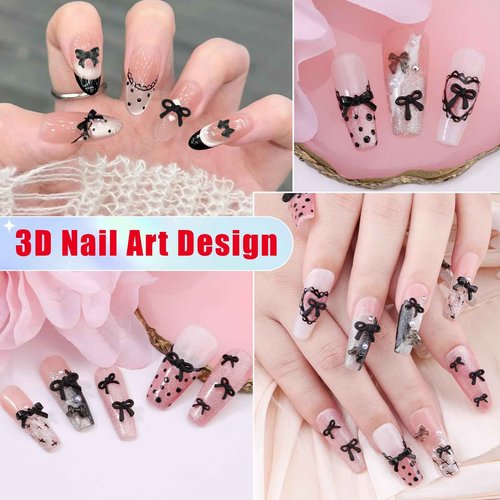 1 Box Black Mini Bow Nail Charms,3D Resin Bows Charms Cute Flat Back Nail Bow Tiny Bowknot with Pickup Tools for Women Nail Decoration Crafts DIY