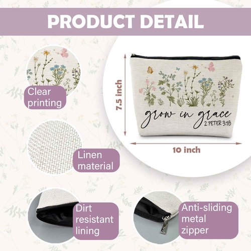 RYYCDOI Christian Floral Makeup Bag Pouch, Grow in Grace 2 Peter 3:18, Religious Christian Gifts for Women, Bible Verse Gifts, Bible Verse Cosmetic bag