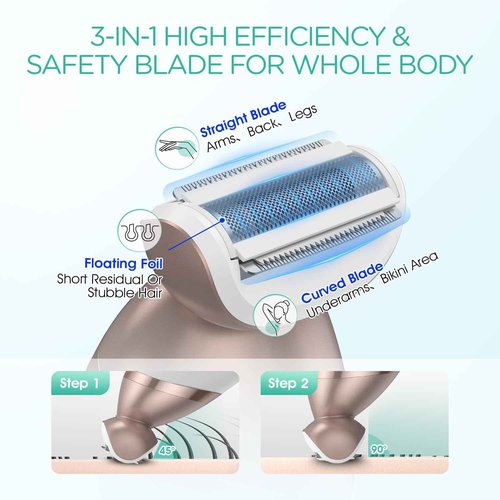 VOYOR Electric Razors for Women 4 in 1 Bikini Trimmer, Foil Shaver for Women 4 Replacement Heads for Body, Pubic Hair Trimmer, Cleansing, Massage 2 Adjustable Speeds Rechargeable Shaver ES501 (Gold)