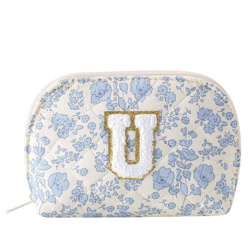 WHHJM Initial Dome Cosmetic Makeup Bag Small Cotton Quilted Makeup Pouch for Purse Cute Blue Floral Travel Toiletry Zipper Pouch (Blue Floral U)