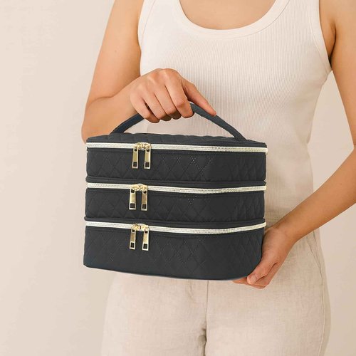 Apxouans Travel Makeup Bag for Women Three Layer Large Cosmetic Case Water-resistant Toiletry Bag Organizer for Store Toiletries Cosmetic Accessories and Manicure Sets Black