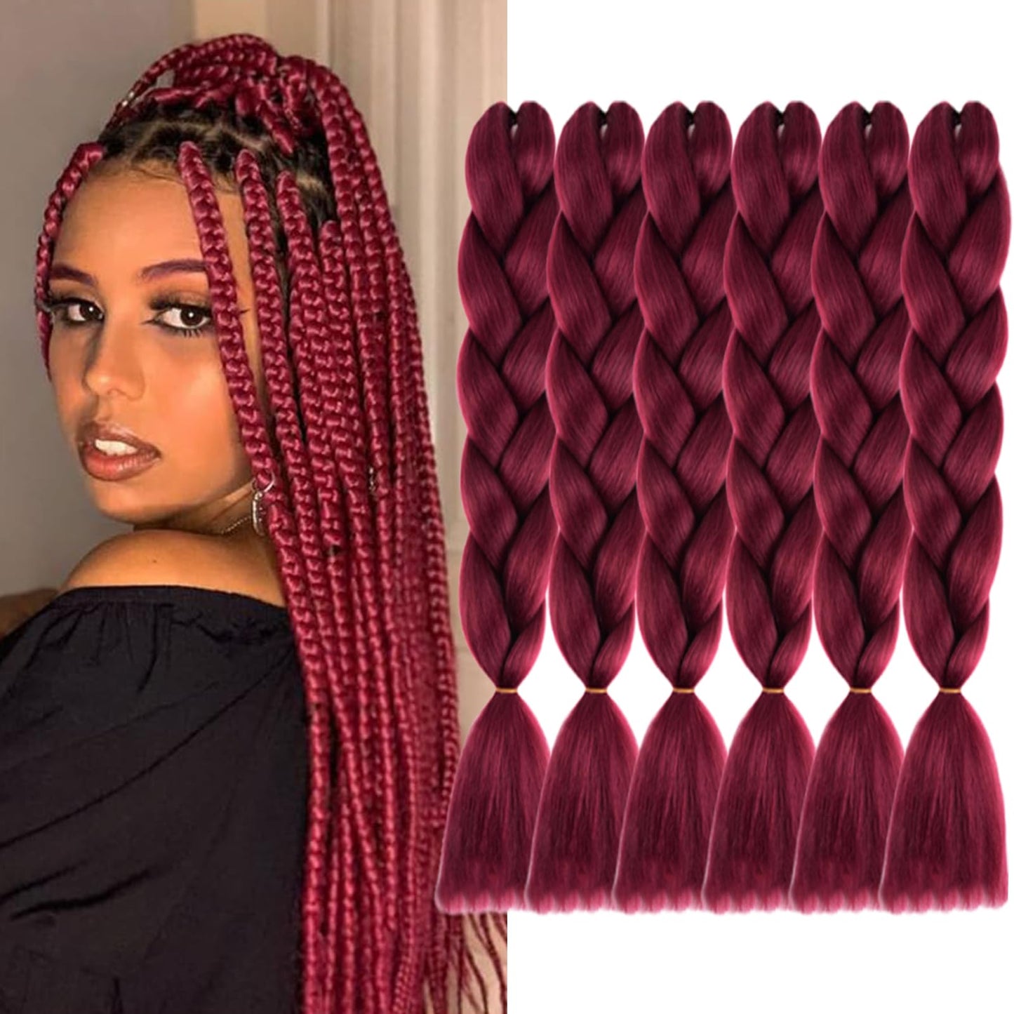 FYRLNA 6 Packs 24 Inch Jumbo Braiding Hair Soft High Temperature Resistance Synthetic Hair Extensions for Women 24 Inch Ombre Jumbo Braiding Hair Twist Crochet Braids Hair (24 Inch (Pack of 6), Wine Red)