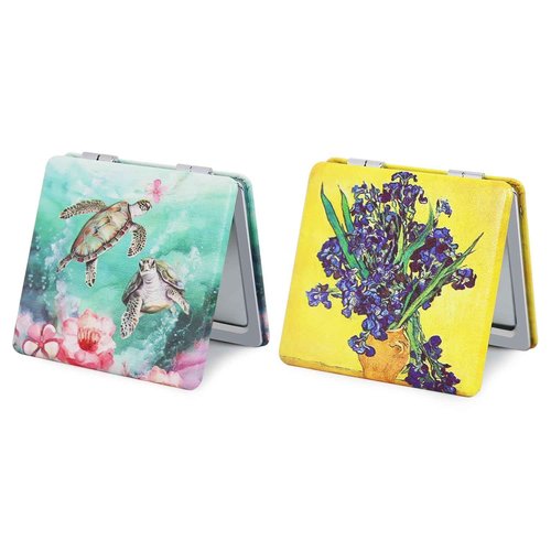 PDOZV Pocket Mirror for Women, 2 Pcs Square 2.8” PU Style Double Sided 1X/3X Mirror for Purse Travel Compact Mirror (MA01OP03)