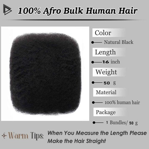 Haftaluv Afro Kinkys Bulk Human Hair 50g 16 Inch Nature Black Afro Kinky Curly Human Hair Bulk for Mini Twist, Braiding, Loc Extensions & Crochet, Dreadlocks, Braids and Repair Locs (16 Inch, 1b#)