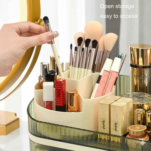Tidyladyo Large Plastic Makeup Organizer with Rotating Brush Holder for Vanity - Bathroom Countertop Skin Care Storage, Easy for Lipsticks, Nail Polishes, Perfumes & Eyeshadow Palettes