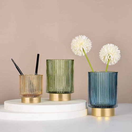 CANITORON Makeup Brush Holder,Glass Makeup Brush Holder Organizer Store Cosmetic Tools,Eyeliner,Storage Organizer for Vanity,Bathroom Countertop Organize and Bedroom Countertop Storage.(Amber L)