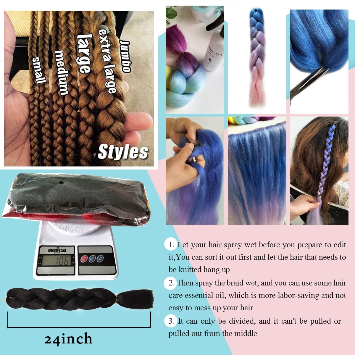 Rainbow Braiding Hair Colored Braiding Hair Extensions 24in 6Packs Jumbo Braiding Synthetic Hair Extension for Grils #Light pink-blue-Green