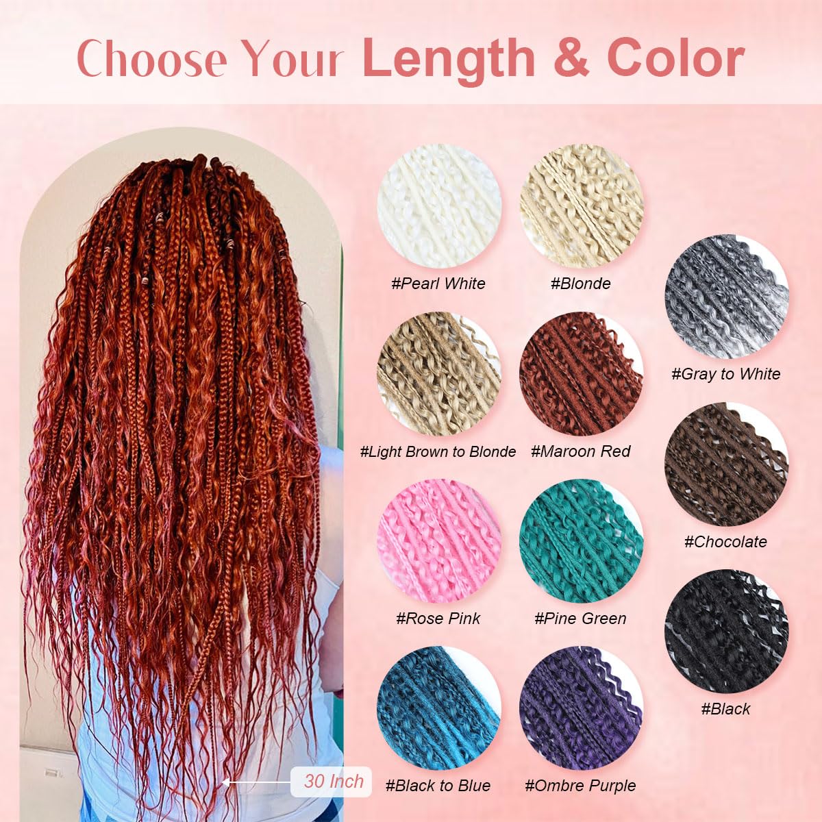 Quiduis 30 Inch 30 Strands SE Dreadlock Extensions Full Sets,3 In 1 Mixed Synthetic Dreads Extensions,Rose Pink Curly&Straight&Boho Single Ended Dreads Extensions Hippie Style Dreadlock for Women