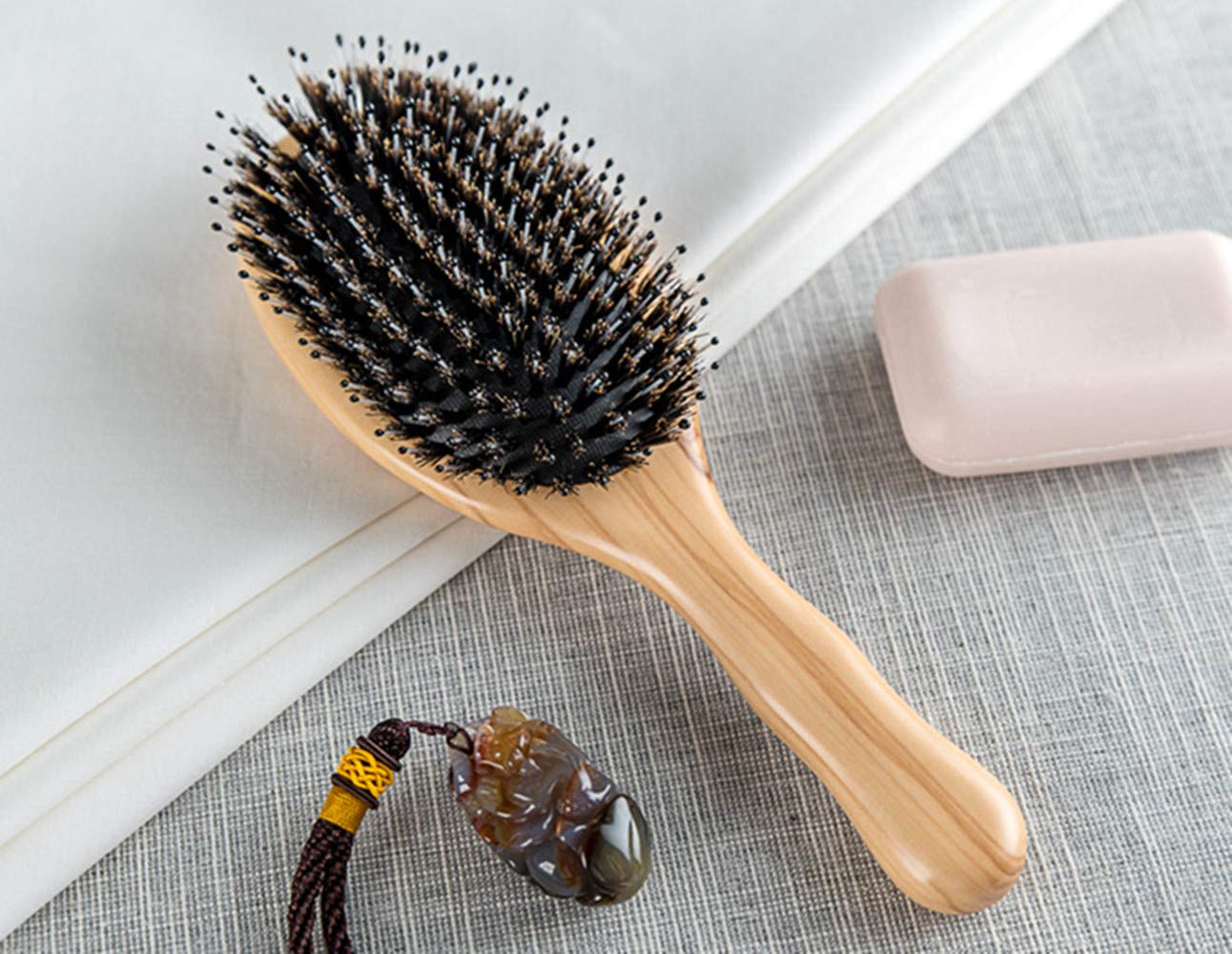 Wild Boar Bristle Hairbrush with Waxed Olive Wood Handle for Styling, Smoothing, Detangling Thick, Thin, Straight, Curly, Wavy, Dry, Damaged Hair to Women, Men, Kids, Giftbox Included