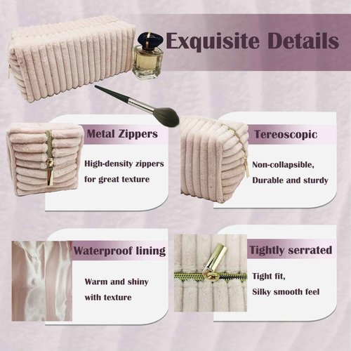 Kornnapa Cosmetic Bag for Purse, Corduroy Makeup Bag for Women Toiletry Bag Small Travel Makeup Bag Cute Makeup Bags Skincare Bag Makeup Pouch Organizer, Pink