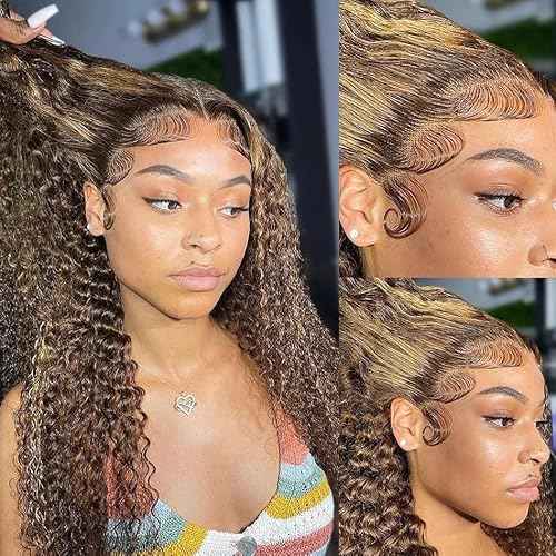 Honey Blonde Deep Wave Wigs Human Hair Highlight Ombre Lace Front Wigs Human Hair 4/27 Curly Wig for Black Women 200% Density 13x6 Wet and Wavy Human Hair Wig