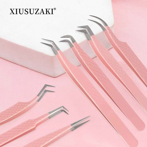Lash Tweezers For Eyelash Extensions Fiber Tip Lash Tweezers Pink Straight/Curved Tweezer(Pink,X02)