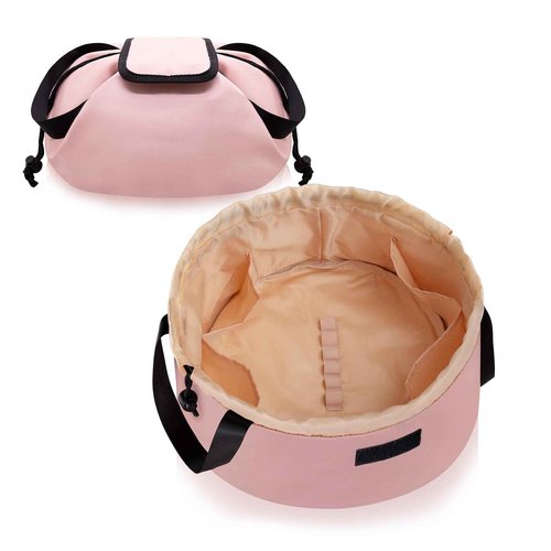 FANGENKE Drawstring Makeup Organizer,Lay Barrel Makeup Bag Cosmetic Bag Toiletry Bag for Travel,Portable Waterproof Make Up Bags for Women Brush Toiletries Accessories (Pink, Large)