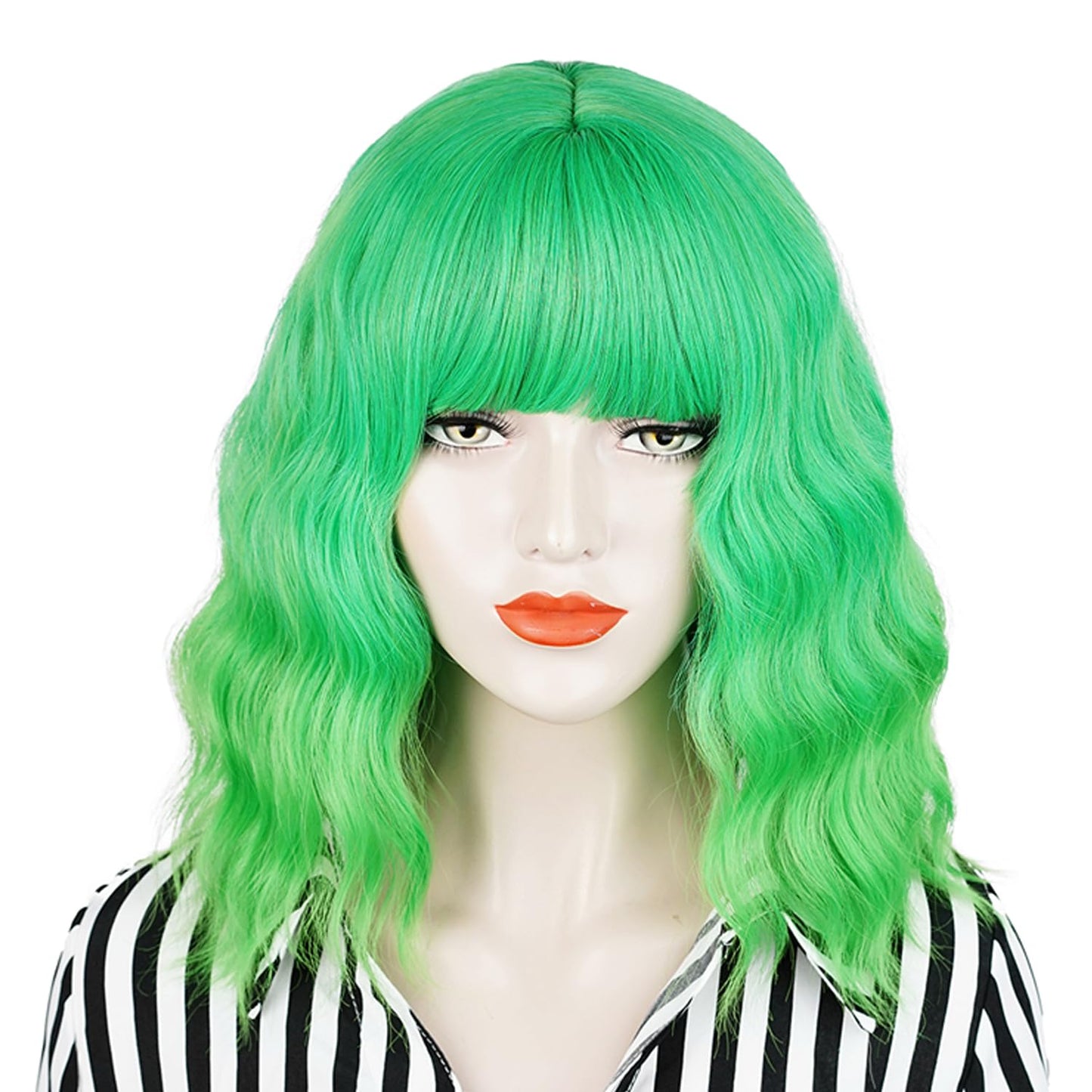 QACCF Short Wavy Shoulder Length Women Full Bang Heat Resistant Bud Green Realistic Synthetic Wig with Hair Pin (Bud)