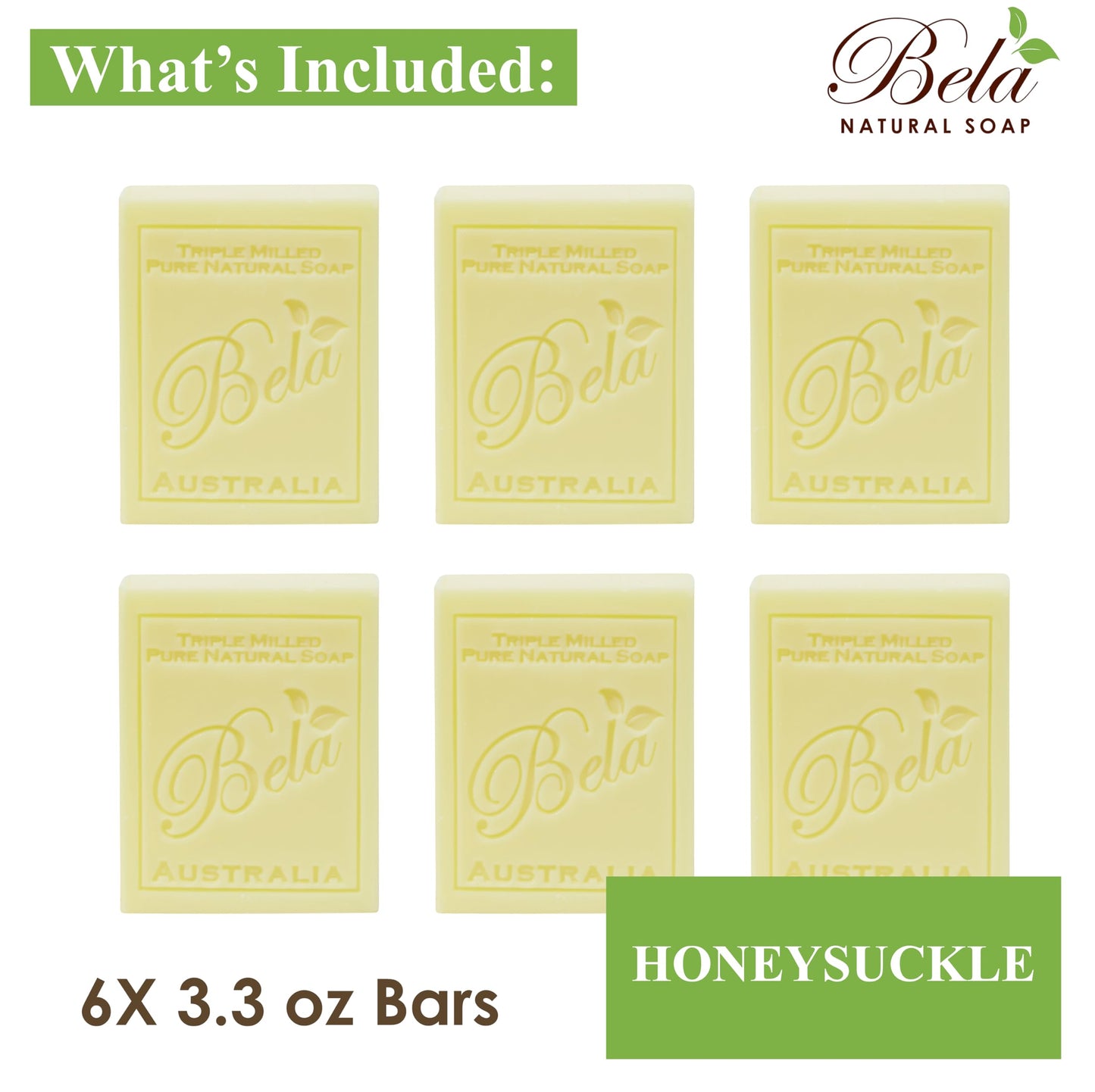 Bela, Honeysuckle, Natural Ingredient Soap Bars, Triple-French Milled Moisturizing Natural Soap Bars Gift Sulfate-Free (93g) 3.3 oz each - 6 Pack