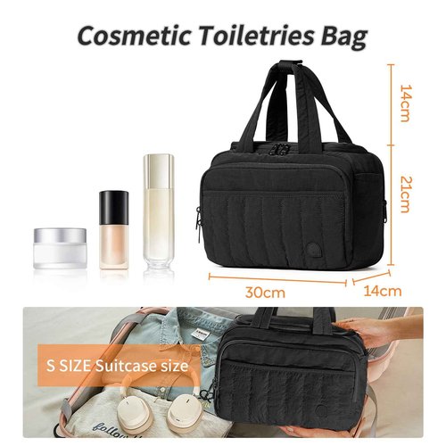 aji Travel Toiletry Bag for Women, Lightweight Large Wide-open Makeup Bag with Luggage Trolley Strap, Water-resistant Multiple Pockets for Accessories,Essentials, Toiletries, Mousse Black