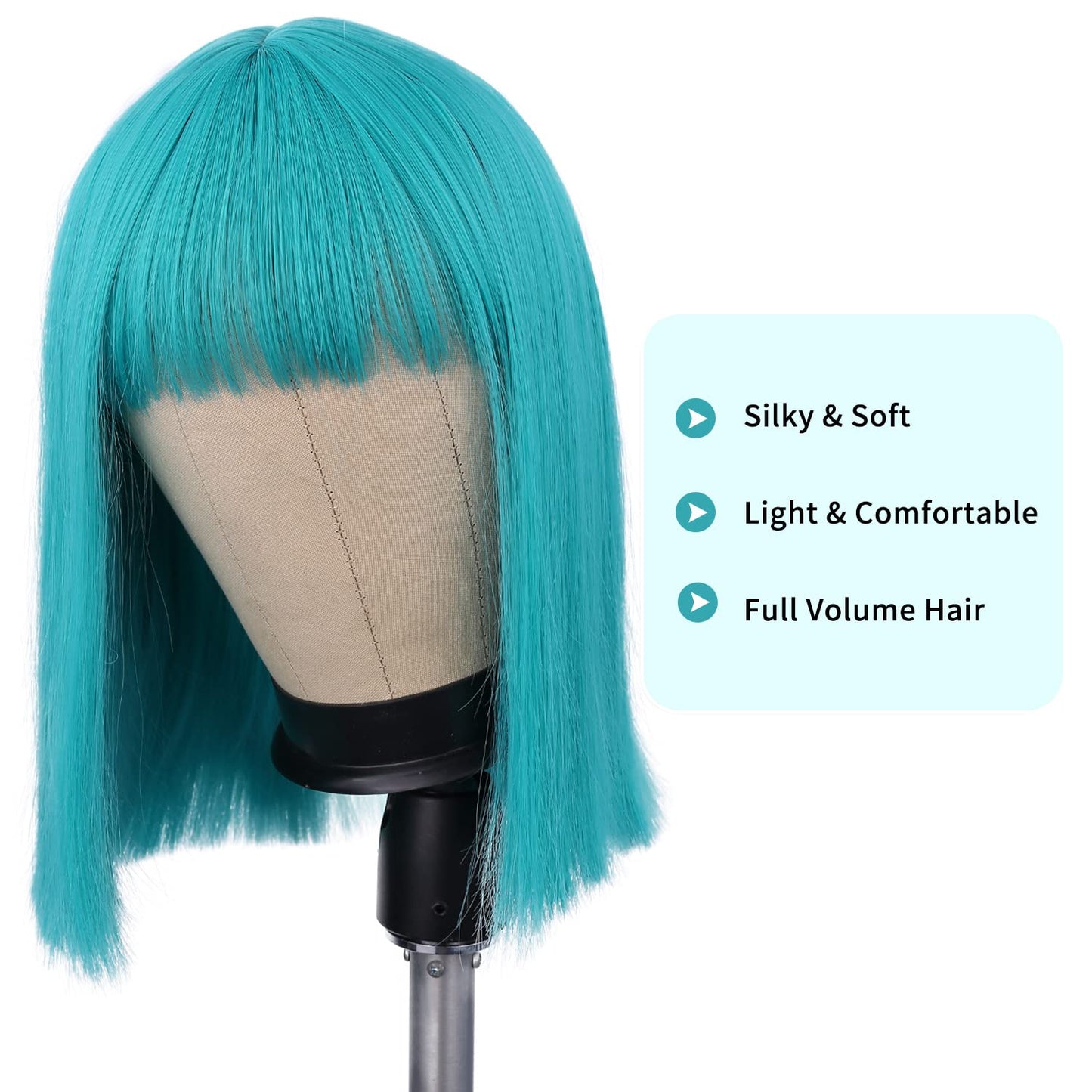 WIGER Teal Blue Bob Wig Bluish Green Short Bob Wigs with Bangs Straight Bob Wig Synthetic Bob Hair No Lace Full Wigs for Women Cosplay or Party