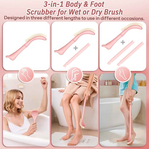 GEENOA New Foot Brush & Foot Files Set(3PCS), 3-in-1 Foot Scrubber with Long Handle, 10.2’’-27.5’’Adjustable Foot Scrub Brush and 2 Upgrade Foot File Callus Remover, Gift-Box Packed(Pink+2*Foot File)