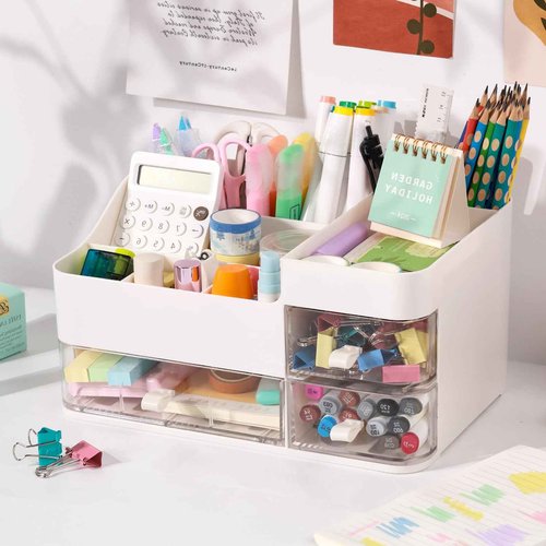 KPX Makeup Organizer Countertop for Vanity, Bathroom Makeup and Skincare Organizer, Cosmetic Storage Care Display Case With 3 Drawers for Lipstick, Nail Care and Jewelry (White Style)