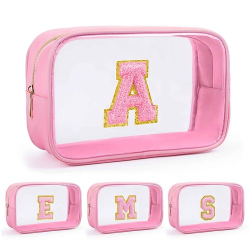 Ausolphia Personalized Initial Letter Makeup Bag Clear Preppy Cosmetic Pouch Waterproof Zipper Beach Travel Toiletry Bag Organizer for Women Pink A