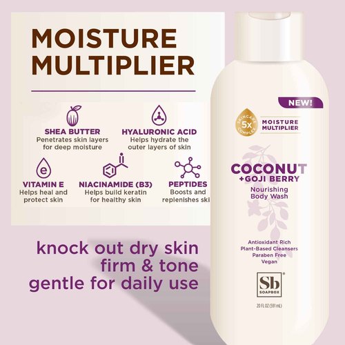 Soapbox Body Wash Refill, Coconut + Goji Berry Body Wash Refill Pack, Bulk Soap Pouch, Vegan + Antioxidant Rich Moisturizing with Shea Butter, Peptides & Keratin Promoting B3, 40oz