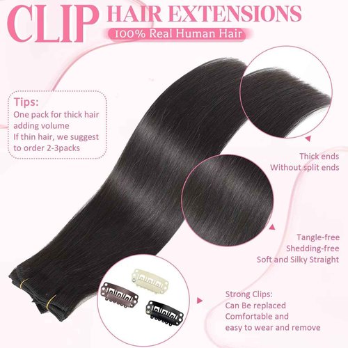 Tebelove Clip in Hair Extensions Real Human Hair 3.6oz/100g Clip ins 100% Brazilian Remy Human Hair Extension for Women 8pcs Per Set with 18 Clips Double Weft (18 Inch #1B Natural Black)