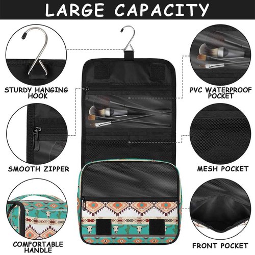 Funky Qiu Hanging Toiletry Bag for Women And Men, Ethnic Aztec Navajo Travel Cosmetic Makeup Bag Travel Organizer, Bull Skull Cactus Waterproof Toiletry Bag for Accessories, Essentials