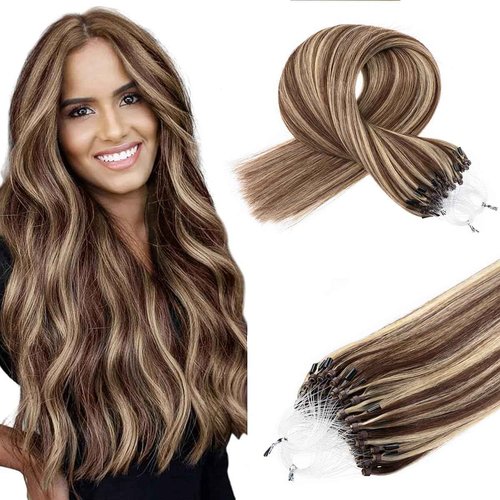 Kpvxxve Micro Beads Hair Extensions Real Human Hair Brown with Bleach Blonde Micro Link Human Hair Extensions 14 Inch #4/613 Micro Loop Hair Extension 50g 1g/s
