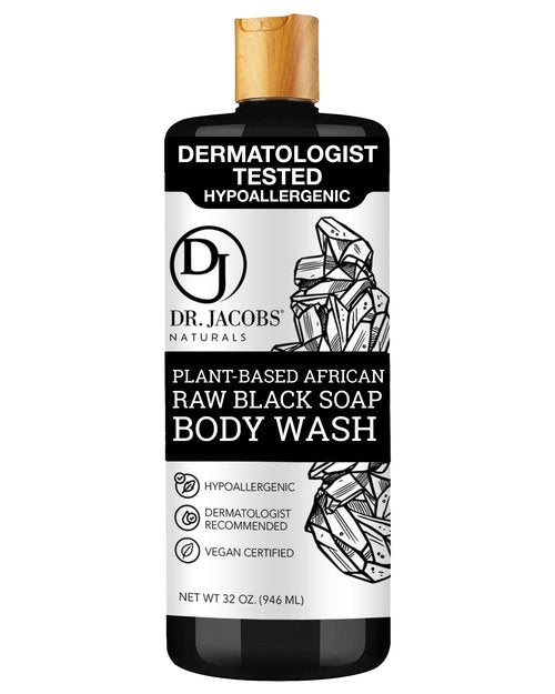 Dr Jacobs Naturals Authentic African Raw Black Soap, All-In-One Cleanser for Face Wash, Sensitive Skin Body Wash, Shampoo, Shaving Soap | Shea Butter Moisturizing and Nourishing Formula | 32oz 1pk