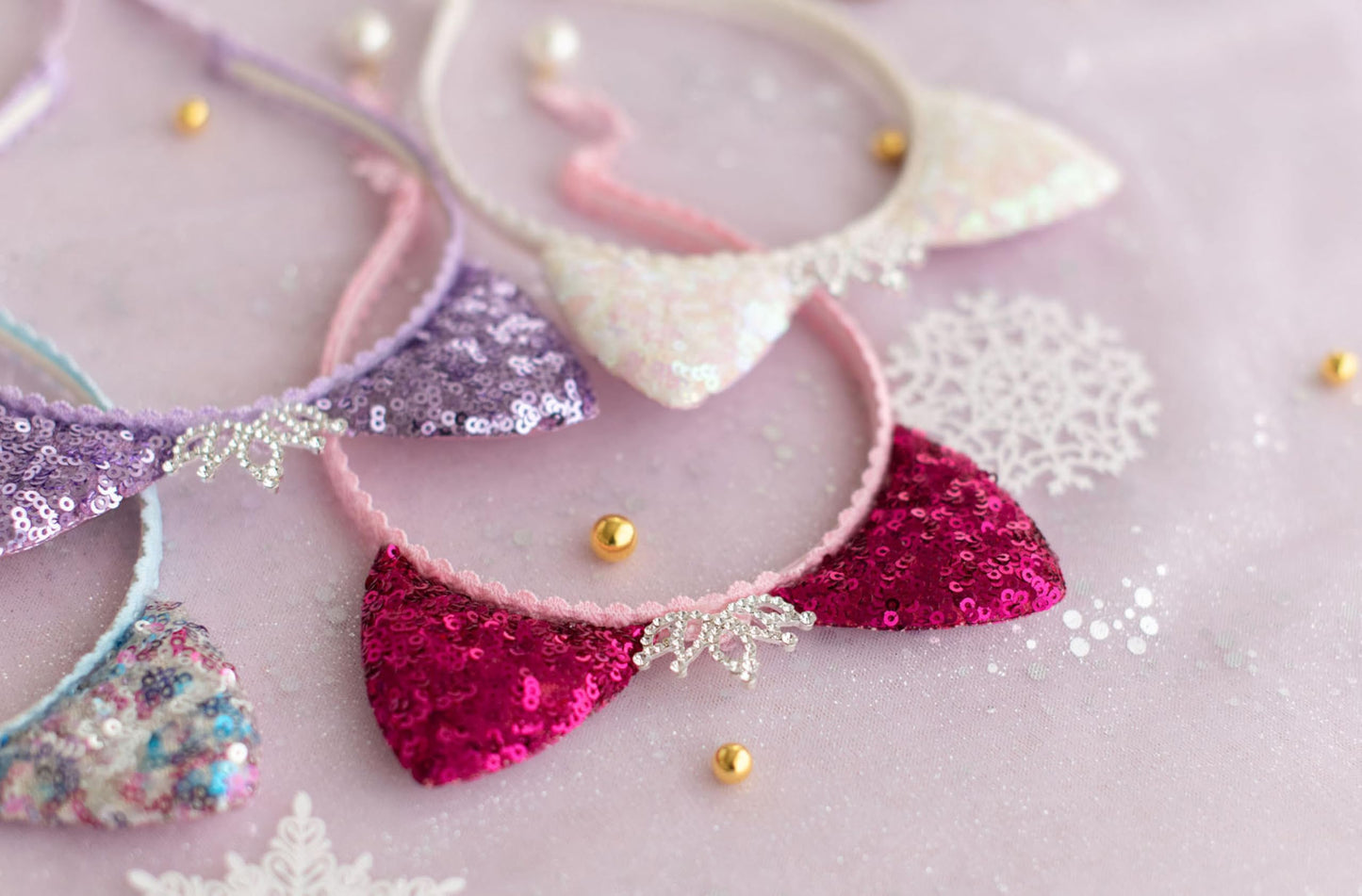 Summer Crystal Girl Sequins Cat Ears Headband with Earring Pendants For Birthdays, Halloween and Parties (Holographic)