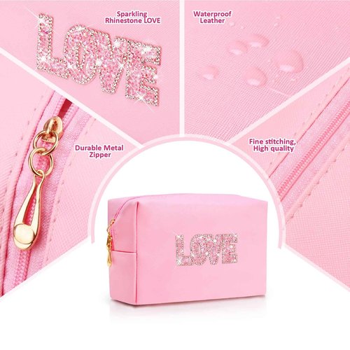 Bling Love Rhinestone Makeup Bag For Teen Girl Kids Women Bride Bridesmaids,Trendy Travel Cosmetic Bag For Mothers Teachers Birthday Engagement Wedding Gifts,Sparkly Leather Toiletry Bag (Purple LOVE)