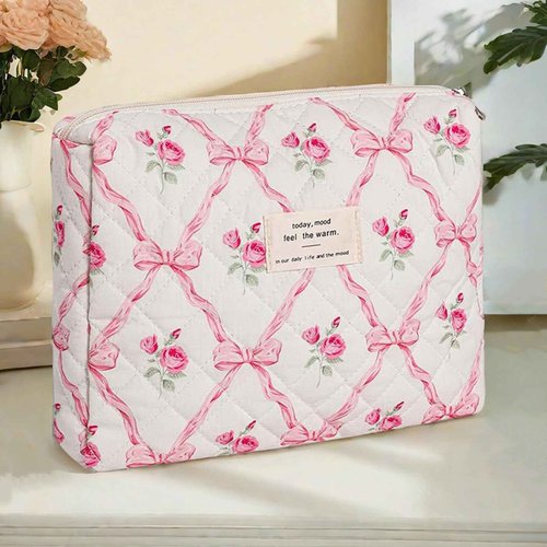 Dkieuyu Quilted Makeup Bag,Bow Makeup Bag,Cotton Makeup Bag Set for Women,Travel Makeup Bag,Large Toiletry Cosmetic Bag Makeup Bag Organizer for Women Girls (M5-1PC)