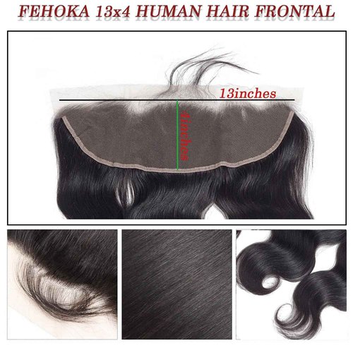 FEHOKA 13x4 Human Hair Lace Frontal 16 Inch Body Wave, Can be Curly and Dyed, Middle Part, With Baby Hair (16 Inch, 13x4 Black)