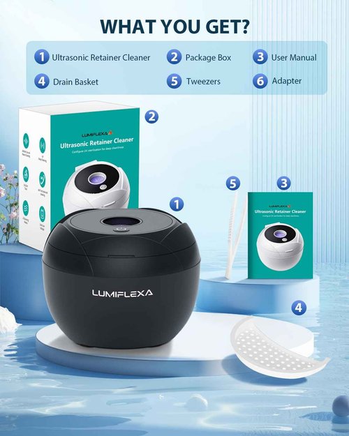 Lumiflexa Ultrasonic Retainer Cleaner-45kHz Retainer Cleaner Machine,4 Modes Ultrasonic Cleaner for Dentures, Aligners,Mouth Guards, Braces,Toothbrush,Jewelry-200ML Dental Pod(Black)