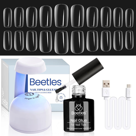 Beetles Gel Nail Kit Easy Nail Extension Set 500Pcs Pre shaped Short Square False Nail Tips with 5 in 1 Mutipurpose Glue Gel Base Uv Led Nail Lamp for Nail Art Diy Home