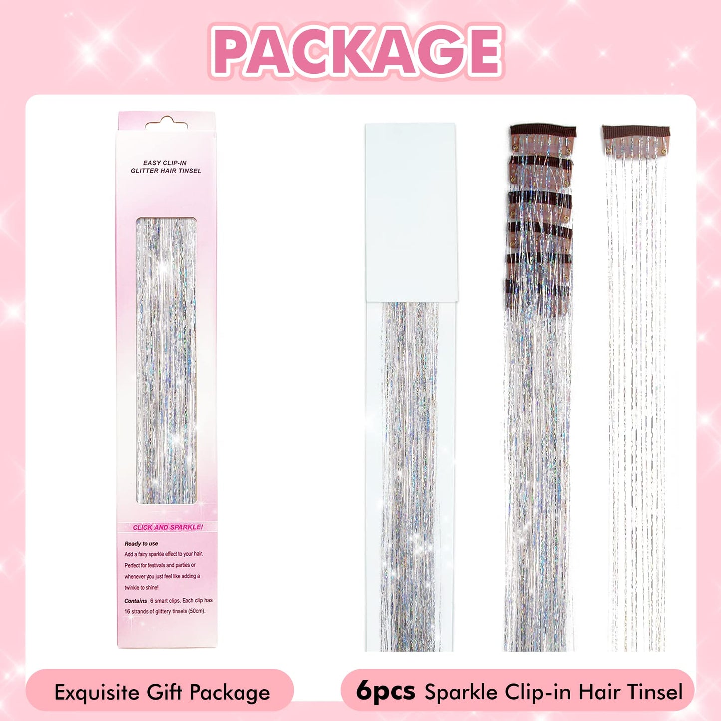 Clip in Hair Tinsel Kit, POROLIR 6Pcs Glitter Fairy Tinsel Hair Extensions 20 Inch Shiny Hair Tinsel Heat Resistant, Sparkly Strands Hair Accessories, Festival Gift for Women Girls Kids (Silver)