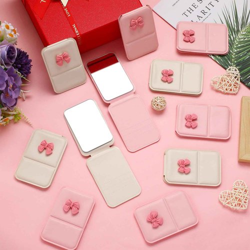 Amyhill 24Pcs Party Favor Compact Fold Mini Mirror Preppy Bow Gift for Women Birthday Bridal Shower Bachelorette Graduation Party Supplies (Beige and Pink,Folding)