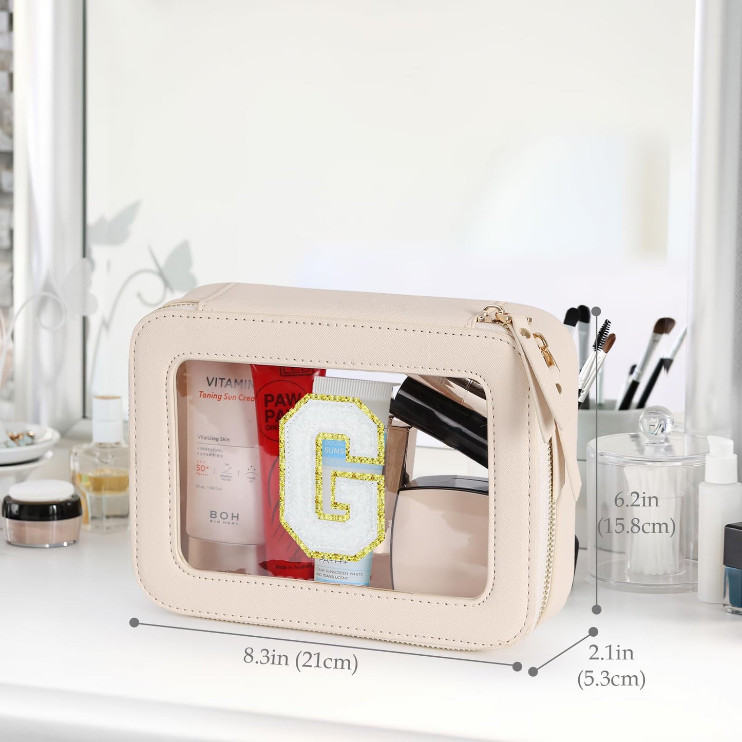 Clear Initial Makeup Bag - Toiletry Cosmetic Bag For Women, Cute Car Accessories & Essentials, And Preppy Makeup Bag For On-The-Go Glam - Gold Zippers Included, With Chenille Letter Decoration(G)