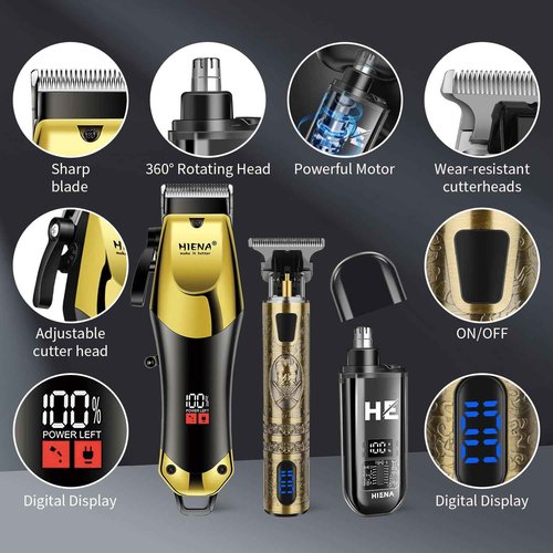 HIENA PRO Professional Hair Clippers & Cordless Barber Clippers for Men, Rechargeable Trimmer Set and Facial Grooming Tool Kit, Ear, Nose Hair Trimmer Set, Gifts for Men