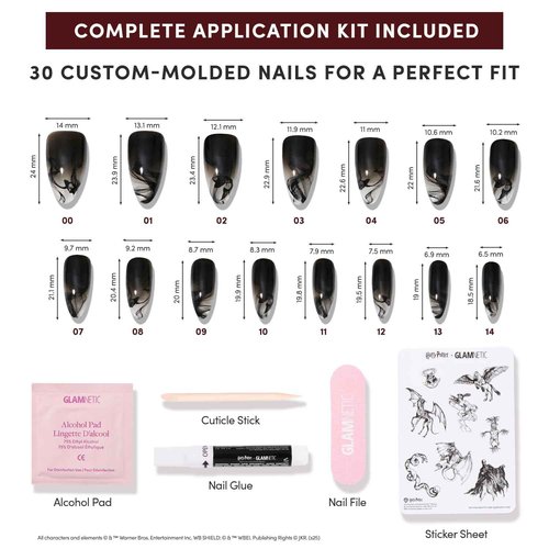 Glamnetic Press On Nails x Harry Potter™ - Dementor™ | Medium Almond Fake Nails with Smoky Black Gradient Tips, Salon Quality, Officially Licensed | 15 Sizes - 30 Nail Kit with Glue