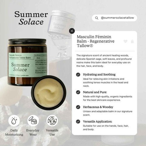 Summer Solace Tallow Balm Nourishing & Soothing Face & Body Cream Multi Purpose Hydrating Natural Moisturizer For Soft, Supple Skin Body Butter Tallow Hydrates Woodsy Scent 50ml (Masculin Féminin)