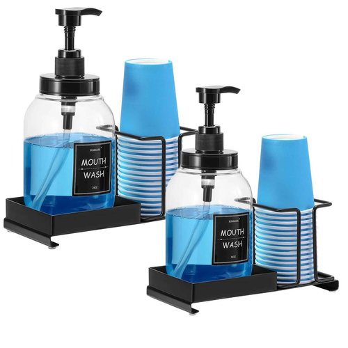 Summark Mouthwash Dispenser for Bathroom,Mouth Wash Pump Bottle with Stainless Steel Cup Holder,24 OZ Refillable Clear Mouthwash Container(2Pack)