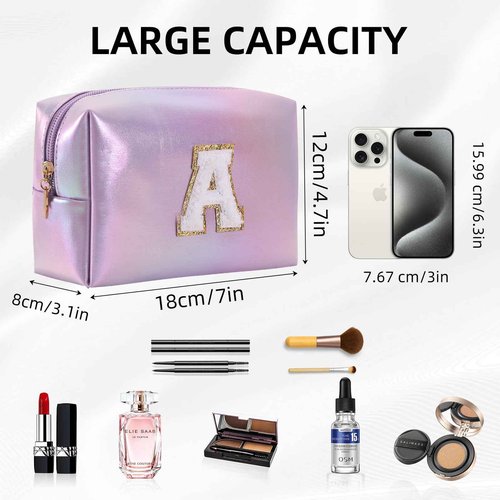 Monogrammed Gift for Women Girls,Personalized Initial Cosmetic Bag Preppy Makeup Bag with Zipper,Cute Makeup Pouch, Waterproof Toiletry Bag,Personalized Gift for Girl＆Bridesmaids (Letter-A)