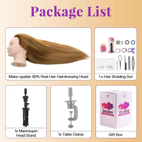 Mannequin Head with 80% Real Human Hair with Tripod Stand - 28" Makeup Cosmetology Manikin Doll Head for Hair Styling, Hairdressing Training Head for Braiding Practice Suitable for Hair Extensions