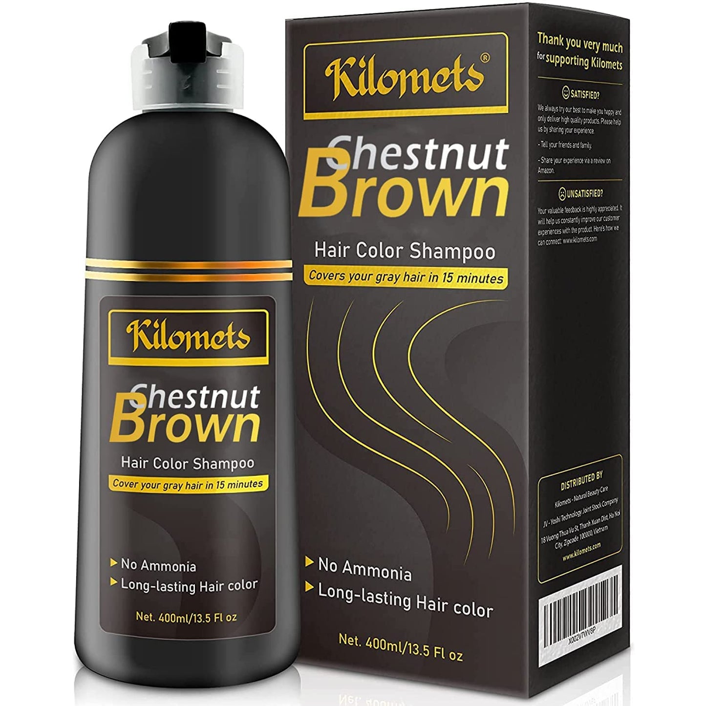 KILOMETS Chestnut Hair Dye Shampoo 3 IN 1 - Hair Color Shampoo Grey Coverage in Minutes Ammonia Free Instant Coloring Gift for Mom Dad (Chestnut Pack 2)